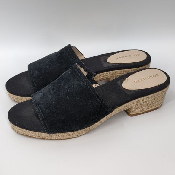 Cole Haan Giselle Espadrille Slide Sandals Black Suede Upper Woven High Heels 8B - Picture 1 of 10